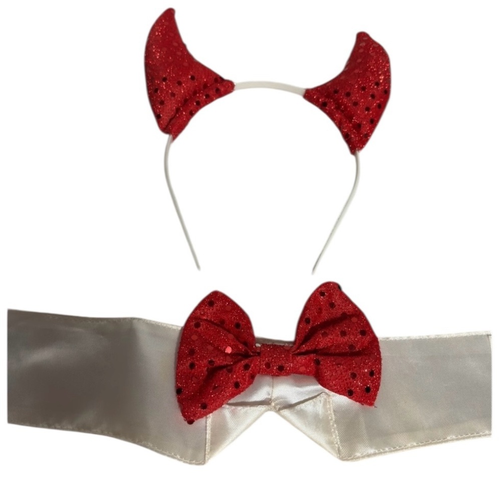Doggie Sequin Devil Horns & Bow Tie Red Sparkley Holiday & Costume